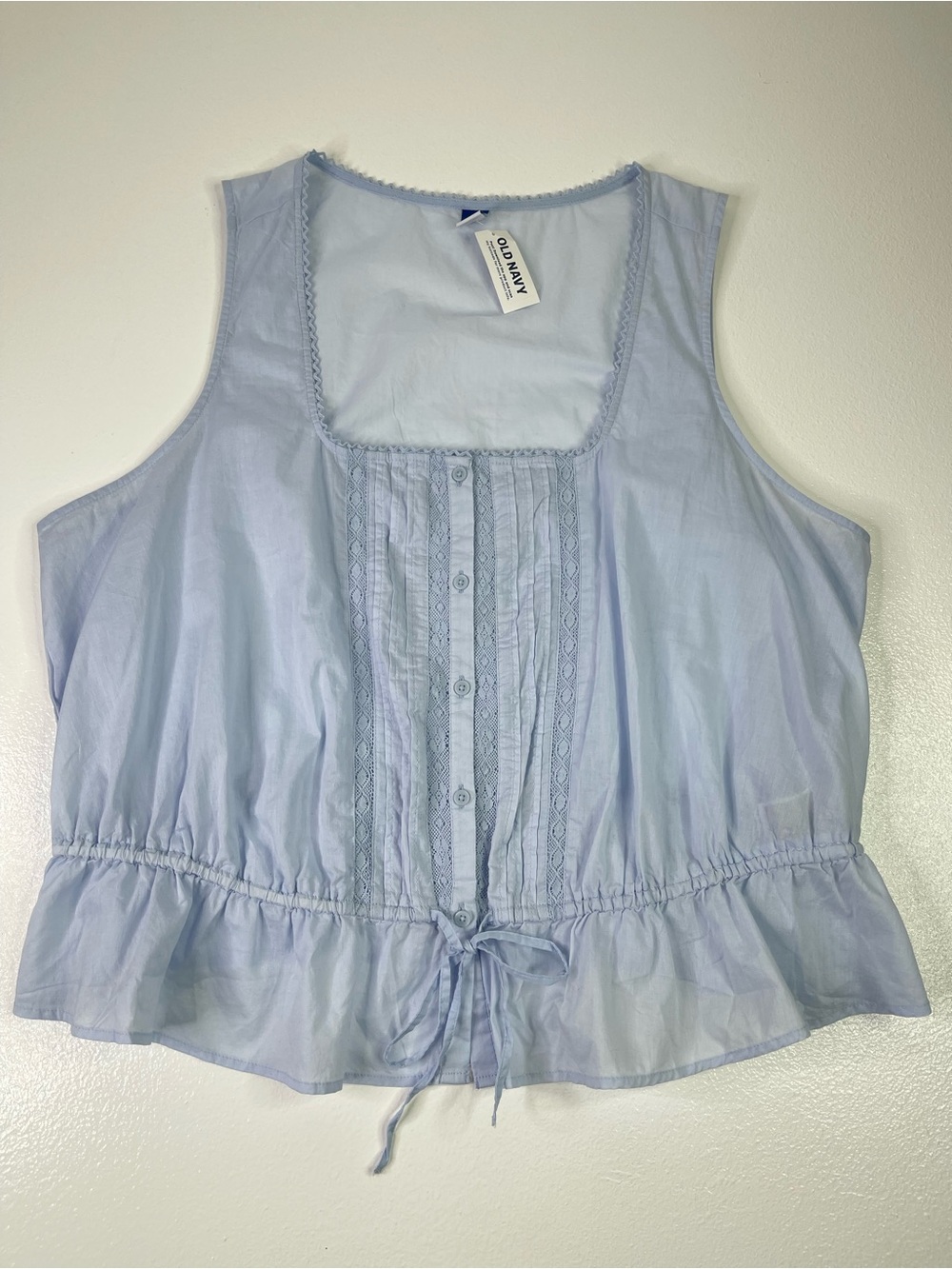 Old Navy NWT Tie-Waist Lace-Trim Cotton Tank Blouse Float Your Boat Blue 2X
